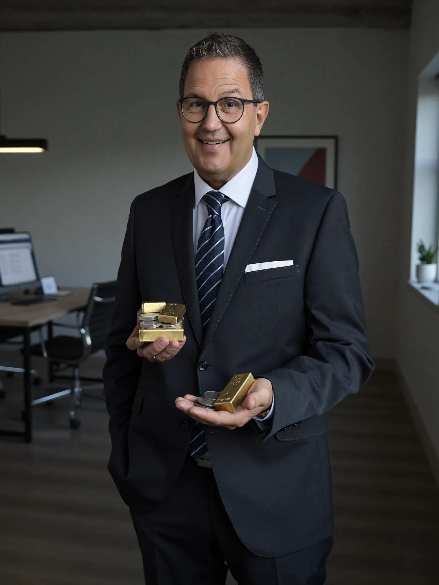 Michael Büdgenbach mit Gold- und Silberbarren – Edelmetall-Expertise seit vielen Jahren